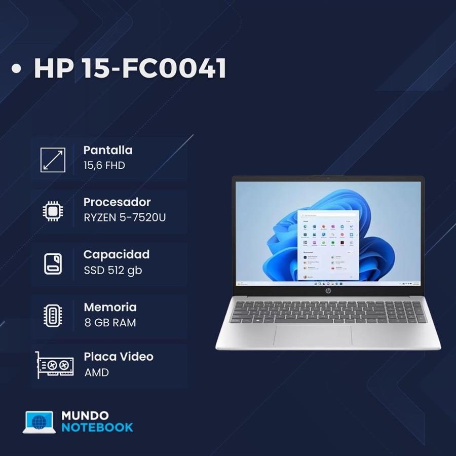 HP 15-FC0041 AMD Ryzen 5 7520U 8GB RAM 512GB SSD Pantalla 15,6" FHD