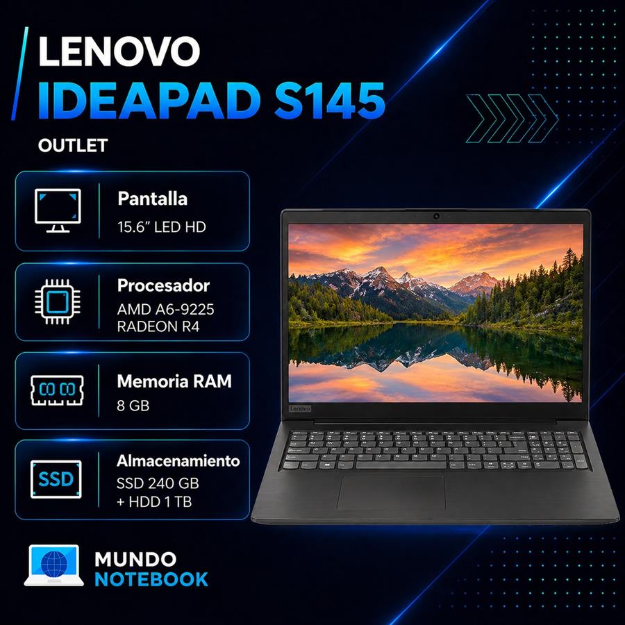 Lenovo IdeaPad S145 AMD A6-9225 8GB RAM SSD 240GB + 1TB HDD Pantalla HD