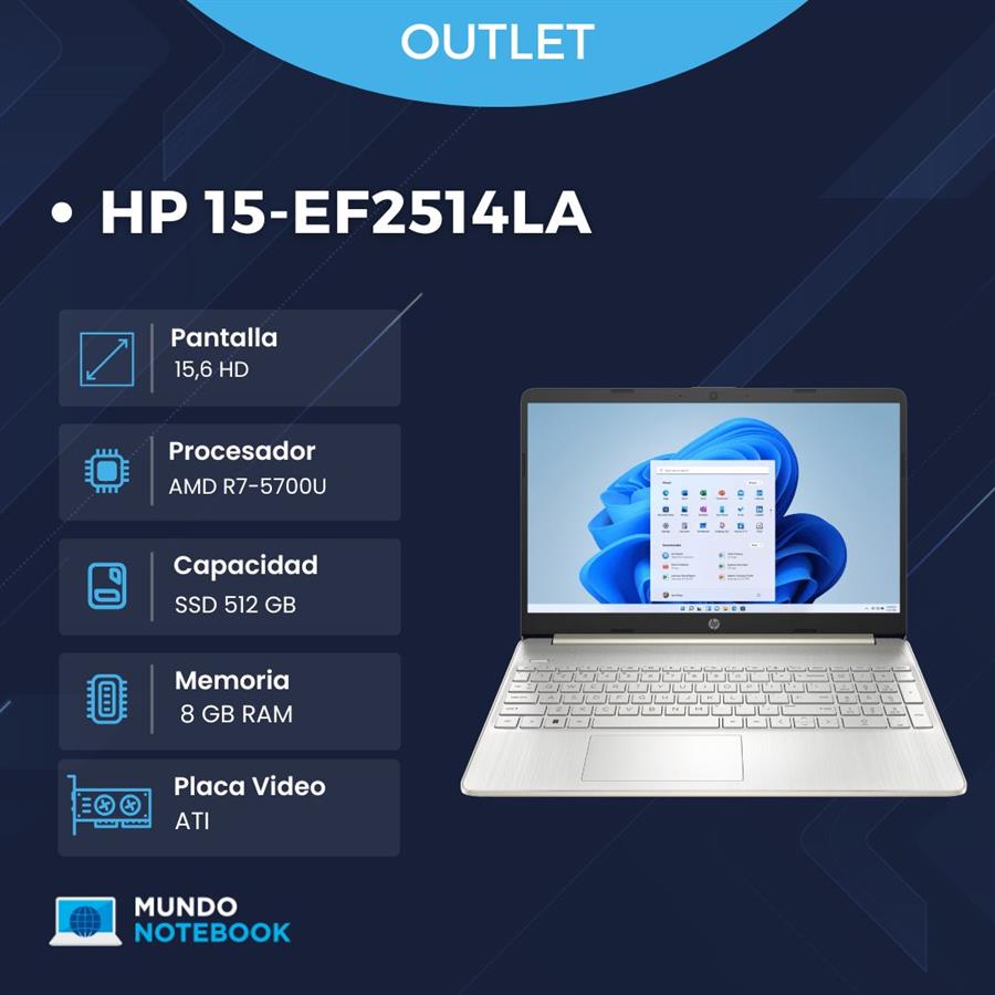 HP 15-EF2514LA Ryzen 7 5700U 8GB RAM 512GB SSD M.2 Pantalla 15,6" HD