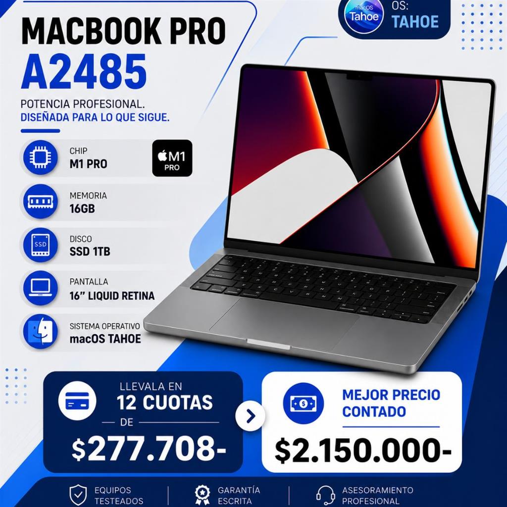 MacBook Pro A2485 Apple M1 Pro 16GB RAM 1TB SSD Pantalla 16,2" Liquid Retina