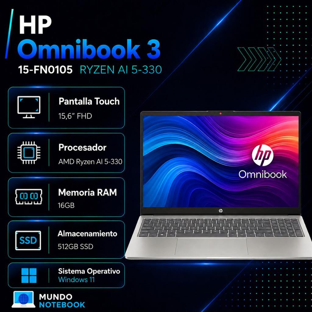 HP OmniBook 3 15-FN0105 Ryzen AI 5 330 16GB RAM 512GB SSD 15,6" FHD Touch