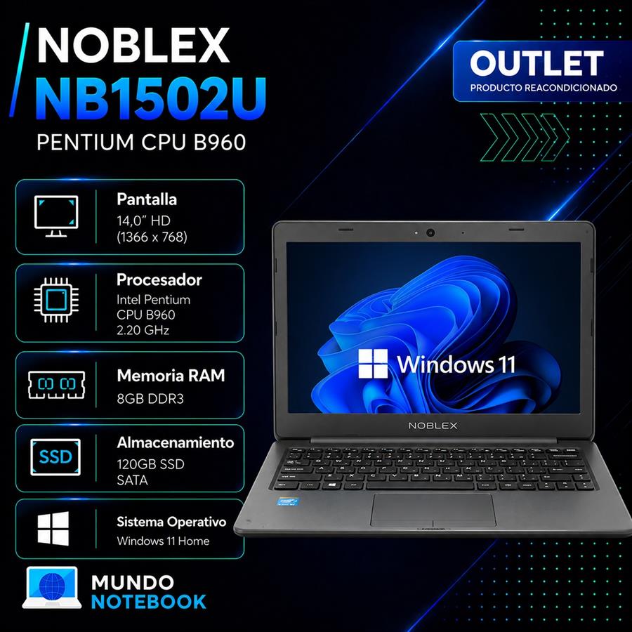 Noblex NB1502U Intel Pentium B960 8GB RAM 120GB SSD Pantalla 14" HD
