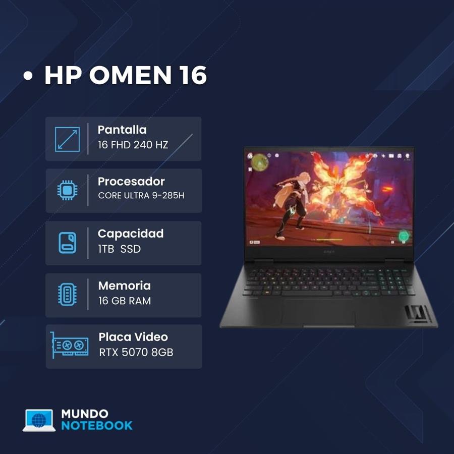 HP OMEN 16 Ultra 9 285H 16GB RAM 1TB SSD RTX 5070 8GB Pantalla 16" FHD 240Hz