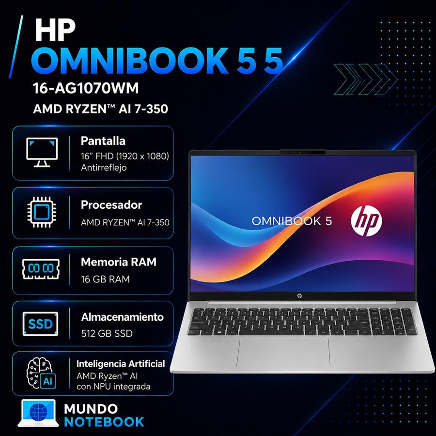 HP OmniBook 5 16-AG1070WM Ryzen AI 7 350 16GB RAM 512GB SSD Pantalla 16" FHD