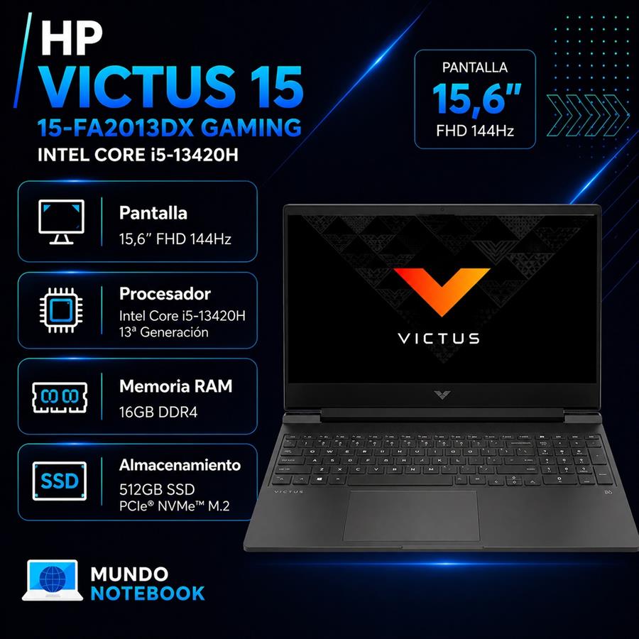 HP Victus 15-FA2013DX Gaming i5-13420H 16GB RAM 512GB SSD RTX 3050 6GB Pantalla 15,6" FHD 144Hz