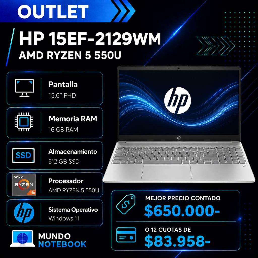 HP 15EF-2129WM AMD Ryzen 5 5500U 16GB RAM 512GB SSD Pantalla 15,6" Full HD