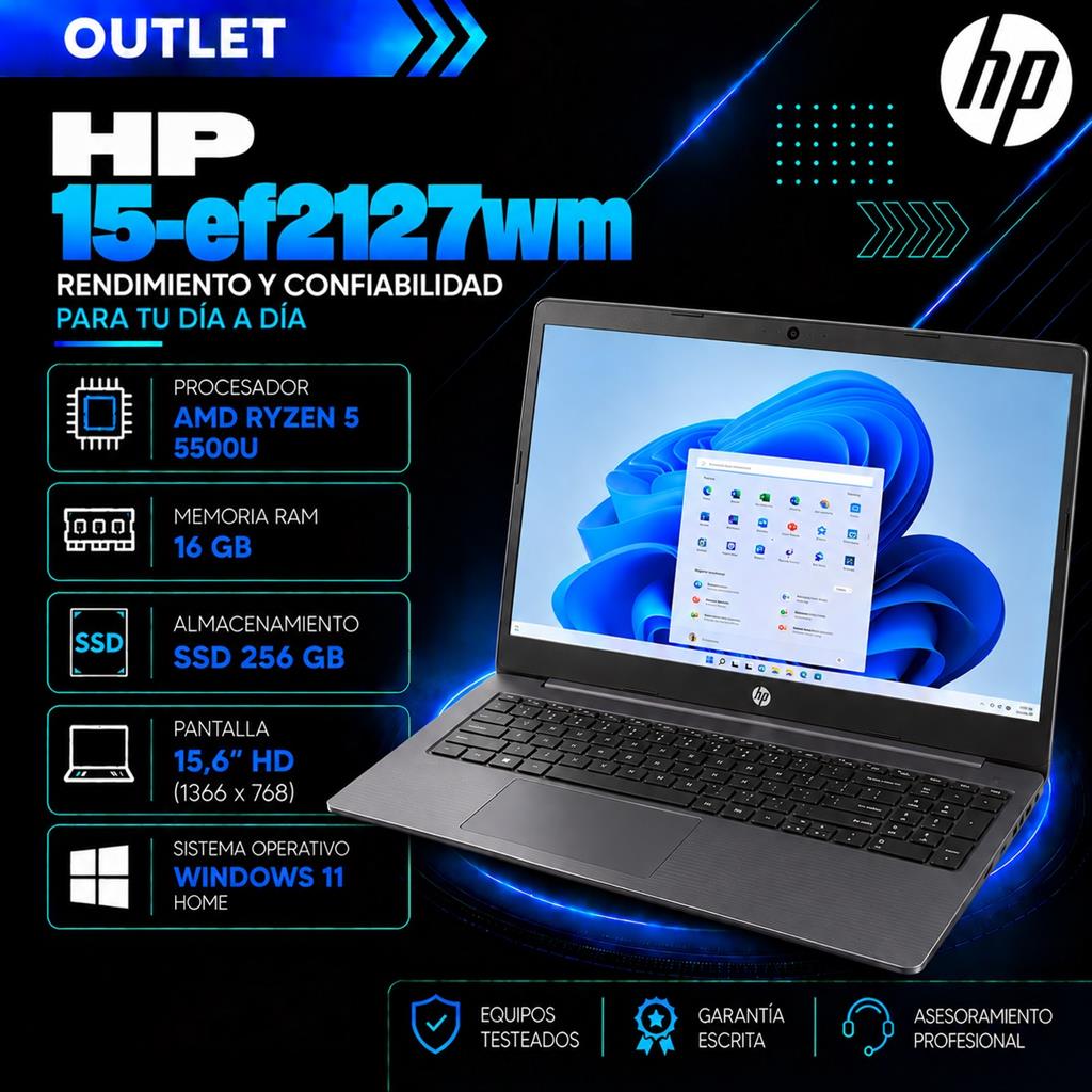 Notebook HP 15-ef2127wm Ryzen 5 5500U 16GB RAM 256GB SSD 15,6" HD Windows 11