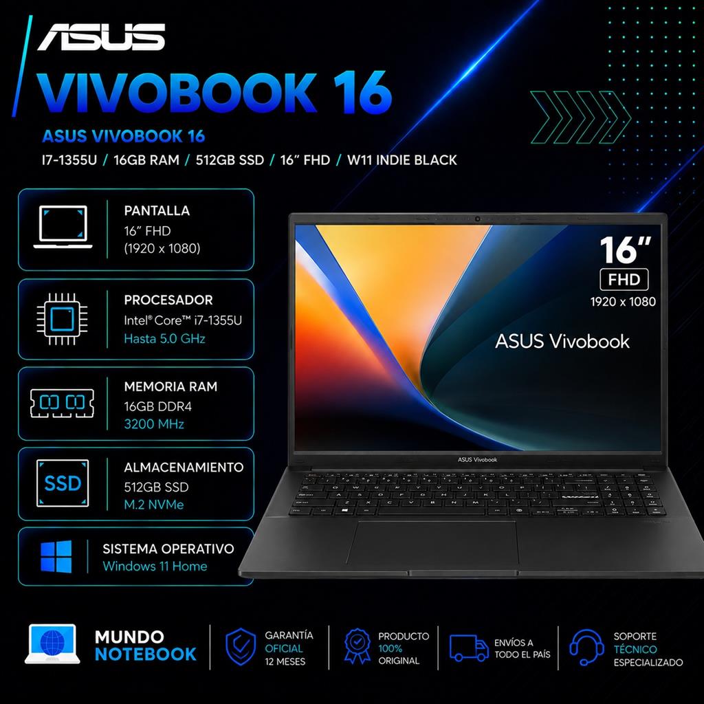 ASUS Vivobook 16 Intel Core i7-1355U 16GB RAM 512GB SSD Pantalla 16" FHD