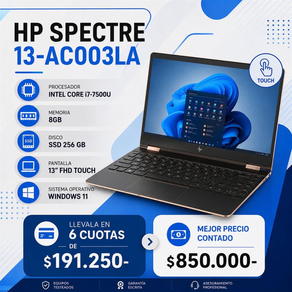 HP Spectre 13-AC003LA Intel Core i7-7500U 8GB RAM 256GB SSD Pantalla 13,3" FHD Touch