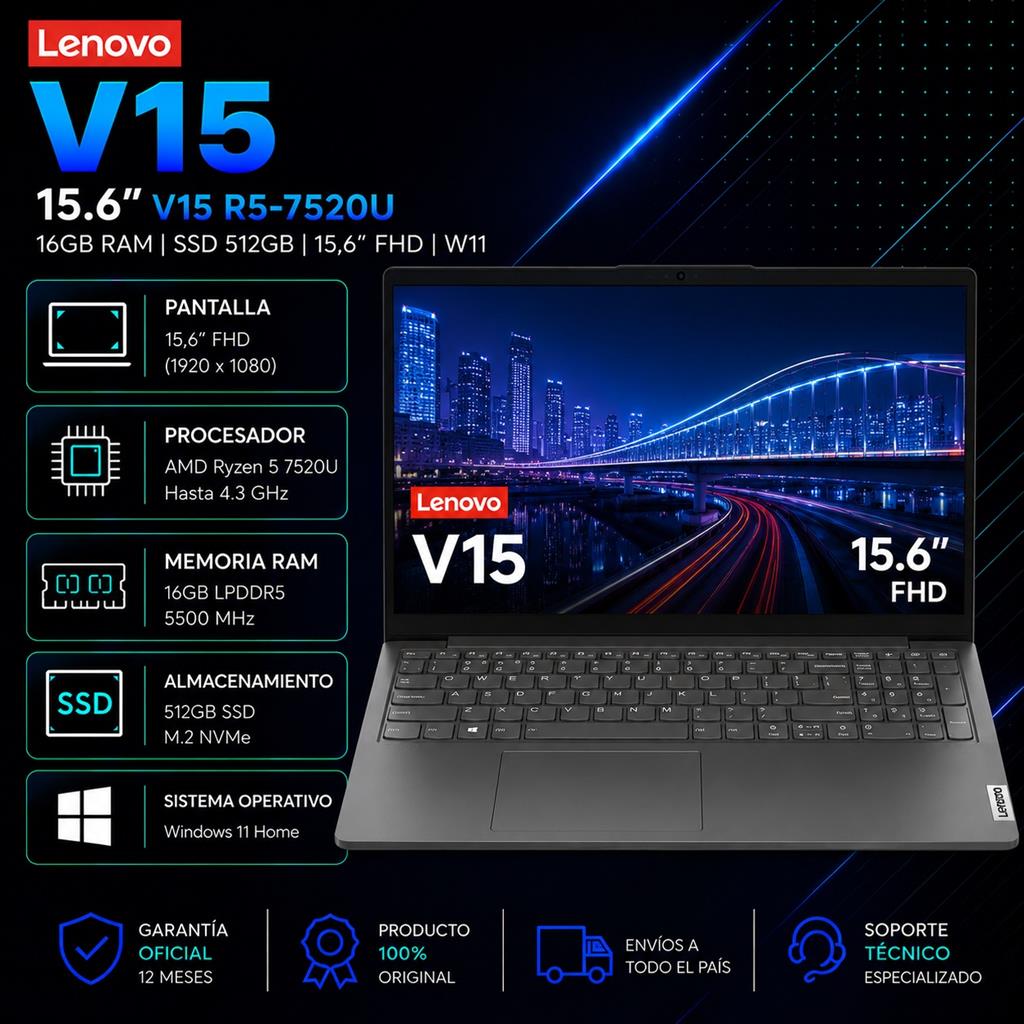 Lenovo V15 Ryzen 5 7520U 16GB RAM 512GB SSD Pantalla 15,6" FHD