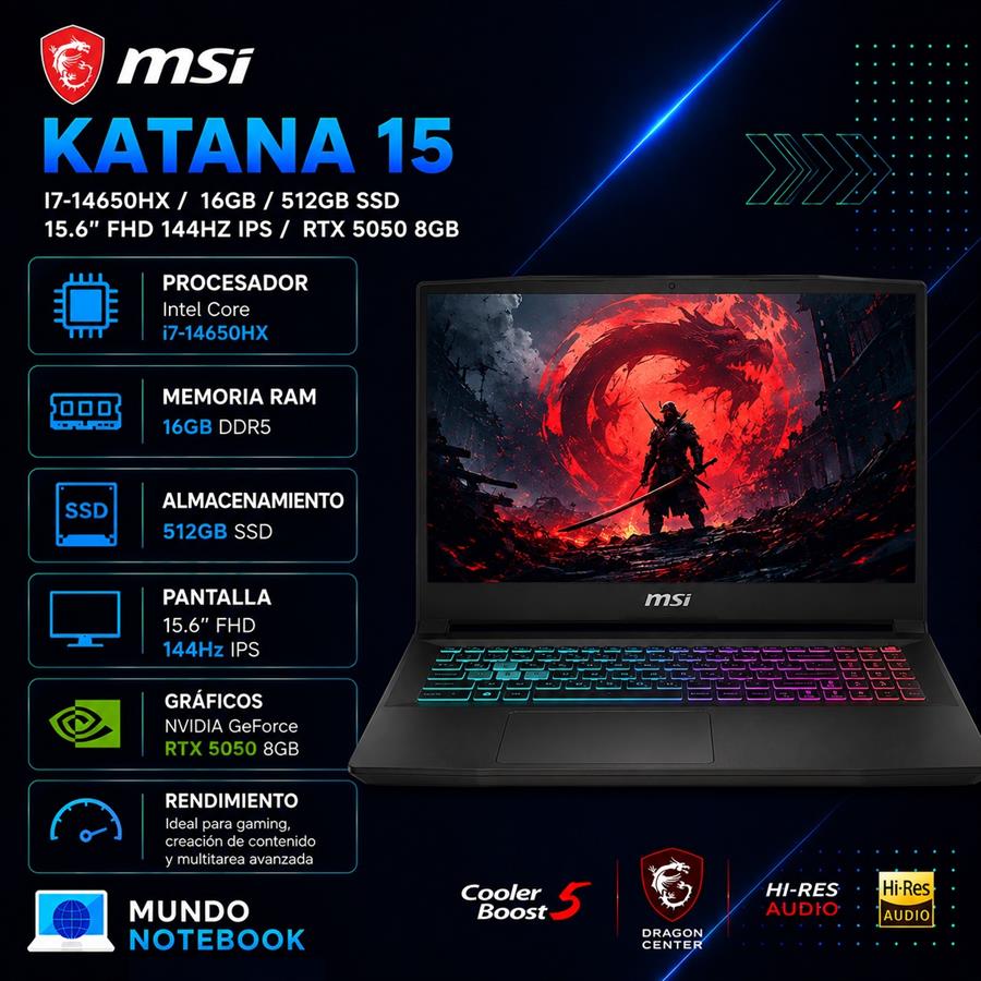 MSI Katana 15 i7-14650HX 16GB RAM 512GB SSD RTX 5050 8GB Pantalla 15,6" FHD IPS 144Hz