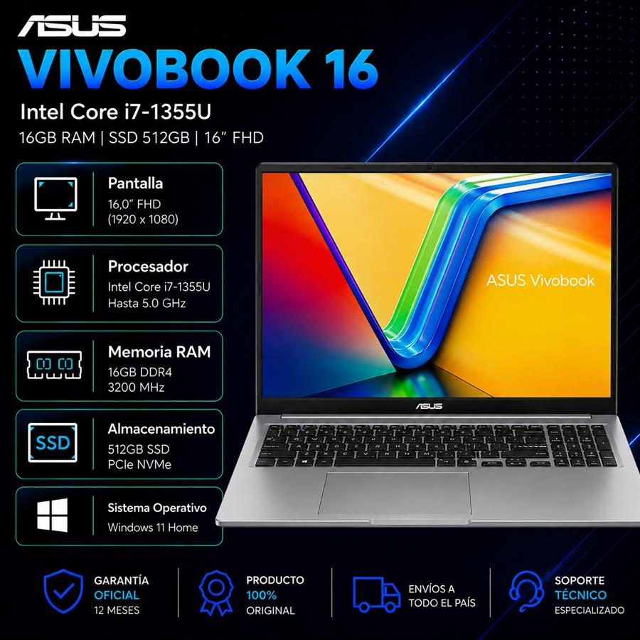 ASUS Vivobook 16 Intel Core i7-13620H 16GB RAM 512GB SSD Pantalla 16" FHD
