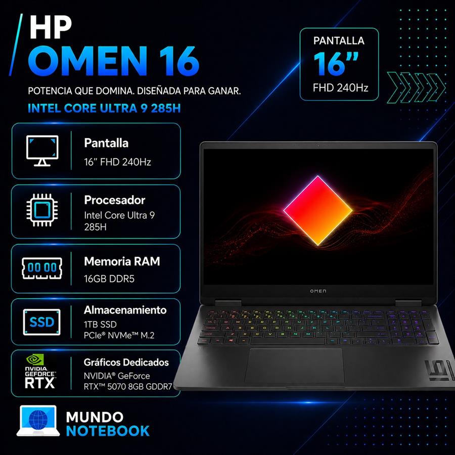 HP OMEN 16 Ultra 9 285H 16GB RAM 1TB SSD RTX 5070 8GB Pantalla 16" FHD 240Hz